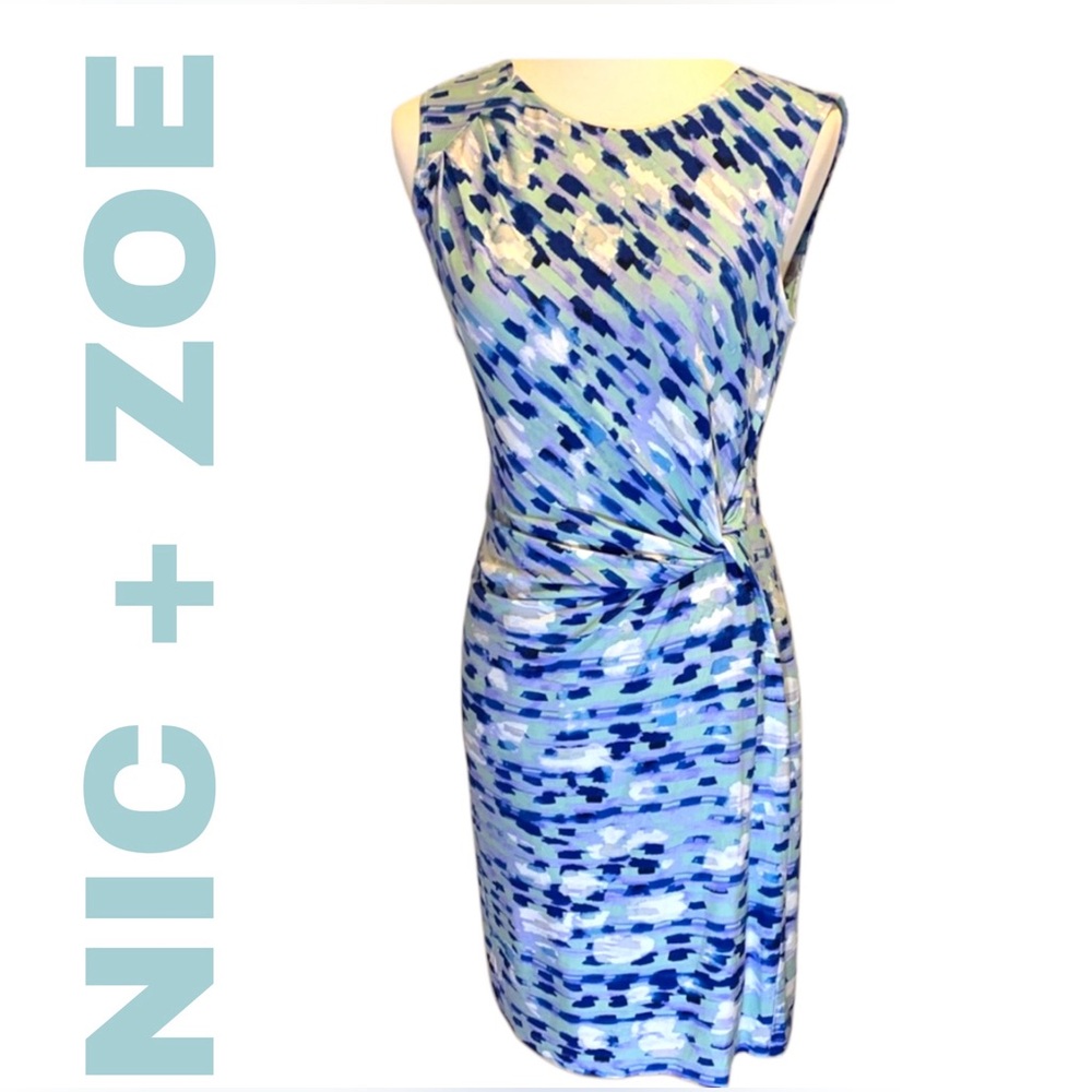 NIC+ZOE Blue Abstract Ruched Sheath Dress Petite Medium PM NWT Nordstrom